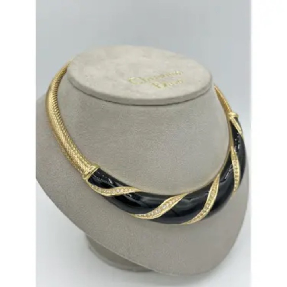 Vintage Dior Necklace Bold Black Enamel Rhinestone Designer Piece - Picture 5 of 14